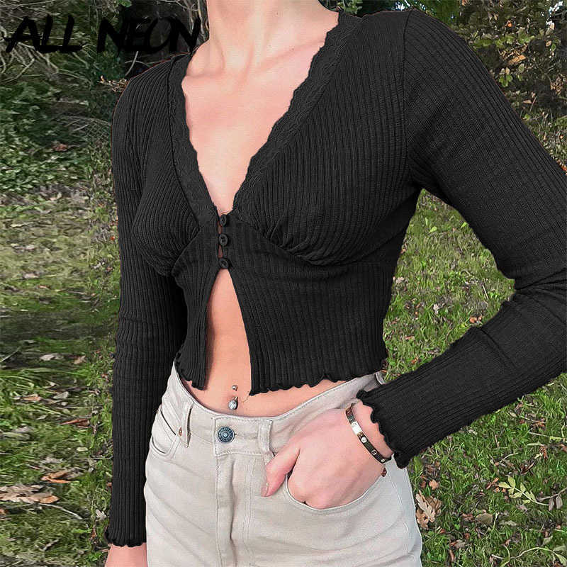 women's deep V-neck lace jacket, brown long sleeve T-shirt, Y2K fashion Raja at the bottom, retro aesthetic jacket in 1990s 210602