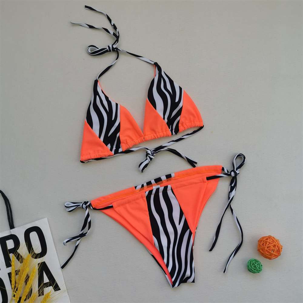 Halter Zebra Print Bikini Ladies Swimwear Women Sexy Swimsuit Female Bathing Suit Summer Beach Wear Micro Set Orange 210520