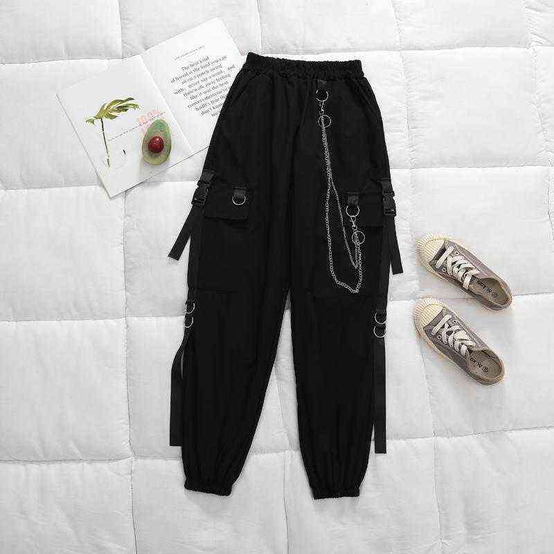 HOUZHOU Gothic Women Black Cargo Pants Harajuku Punk Chain Trousers Female Hip Hop Mall Goth Streetwear Techwear Egirl Grunge 211115