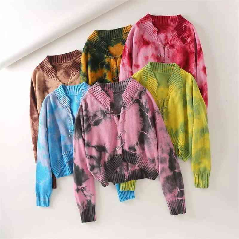 Korea Style Vintage Yellow Tie dye Big pin Cardigan Sweater Sexy V neck Long Sleeve Loose Short Jumper Coll girl Streetwear 210429