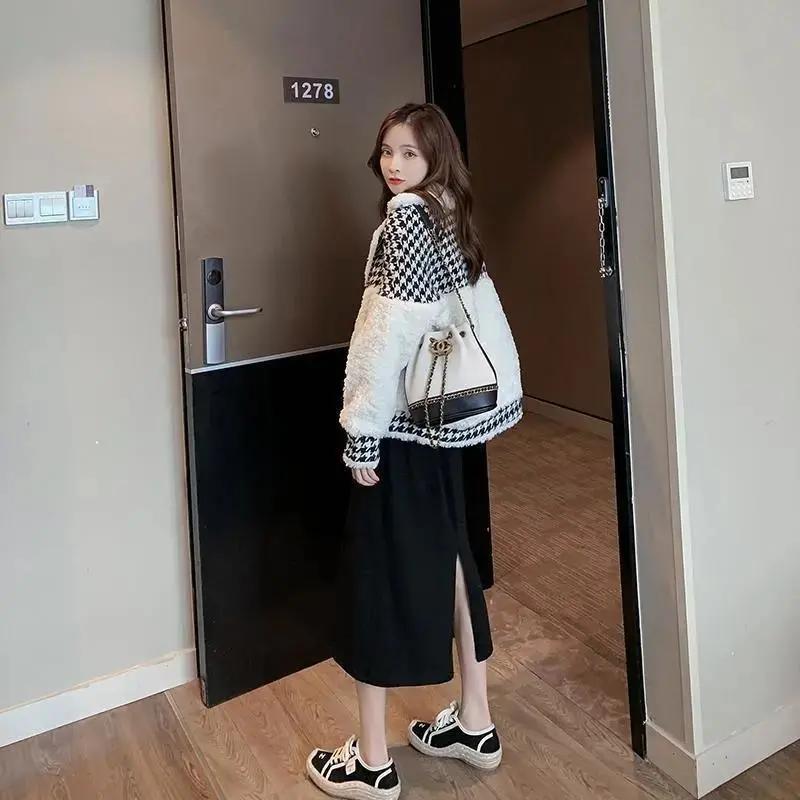 Women's Fur & Faux Woman Plaid Lamb Jacket Short Houndstooth Furry Coat