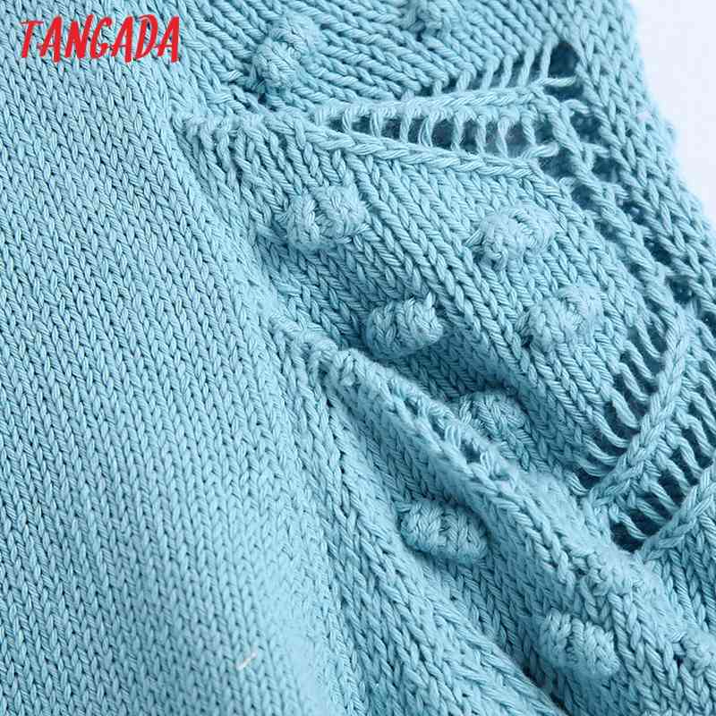 Women Cardigans V Neck Puff Sleeve Hollow Out Crochet Short Knitted Sweater Female Chic Diamond Button Tops BE229 210416