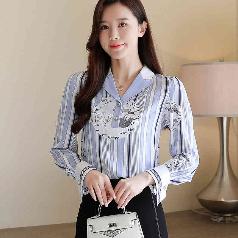 Style Clothing Long Sleeve Print Shirt Women Striped Office Lady Blouse Busas Elegantes Tops Clothes 8455 50 210506