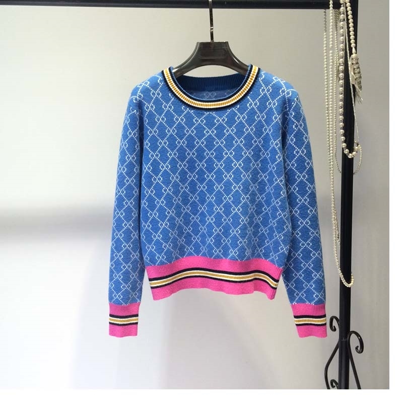 Fall and winter new loose Korean version of the pullover round neck geometric clash Jacquard short style sweater jacket womens