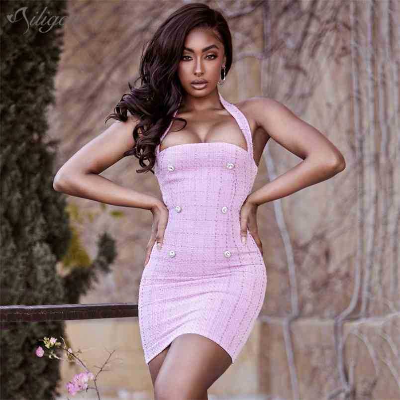 Summer Women's Pink Bodycon Halter Neck Tweed Mini Dress Sexy Sleeveless Button Celebrity Party 210525
Summer Women's Pink Bodycon Halter Neck Tweed Mini Dress Sexy Sleeveless Button Celebrity Party 210525