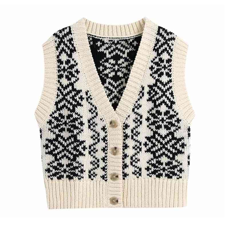 90's Vintage Geometric Flower Knitted Sweater Vest Preppy Style Korean Clothing V Neck Sleeveless Cardigan Y2K Knitwear 210429