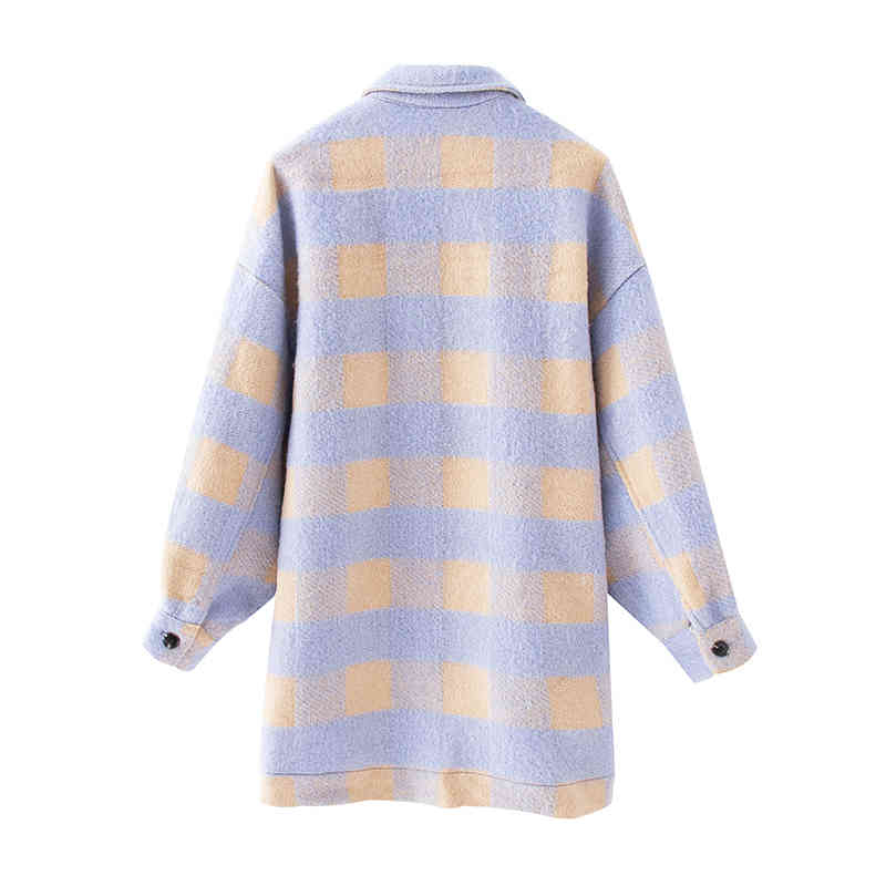 Women Woolen Plaid Coat With Pockets Batwing Long Sleeve Loose Jacket Turn Down Collar Casual Ladies Tops Outerwear New 210415