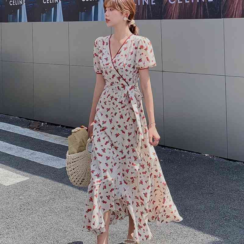 Summer Women Sweet Floral Print V-Neck Boho Long Chiffon Dress Ruffles Wrap Casual Slim Split Sexy Party Robe 210519
