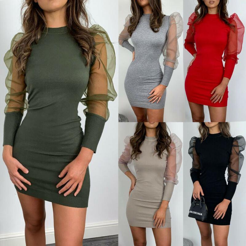 Sexy Women Solid Long Puff Sleeve Mini Dress Fashion Ladies Bodycon Evening Party Casual Dresses