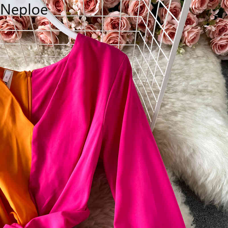 Neploe Maxi Dresses for Women Spring Robe Beach Style Slim Fit Elegant Vestidos Mujer Contrast Color Patchwork Dress 95013 210422
