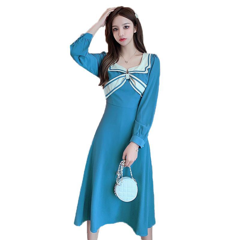Spring Korean 2021 Blue Elegant Dress Women Vintage Bow Maxi Full Sleeve Casual Work Dresses