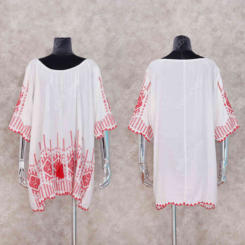 Cotton Beach Tunic Dress Embroidery Coverup for Women Pareo de Plage Swimsuit Cover up Sarongs Swimwear Kaftan #Q869 210420