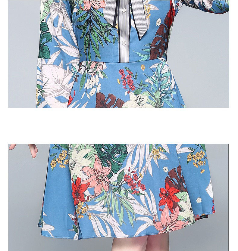 blue knee length dress bow collar tropical floral printed long high waist A-line dresses for women chic vestidos 210421