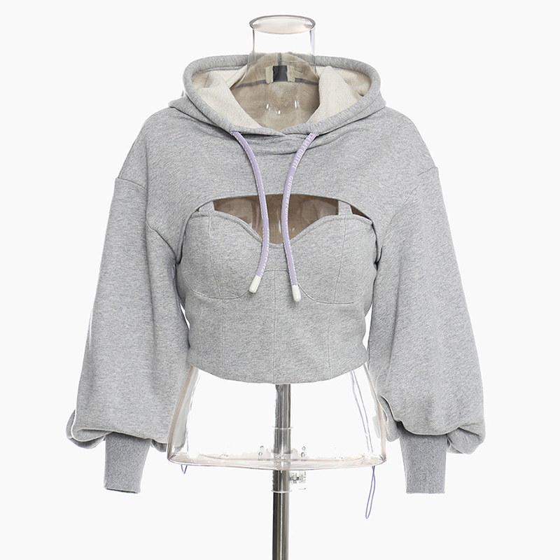 VGH Drawstring Hooded Sweatshirtf For Women Hollow Out Lantern Sleeve Sexy Crop Top Casual Hoodies Female Autumn Fashion 210421