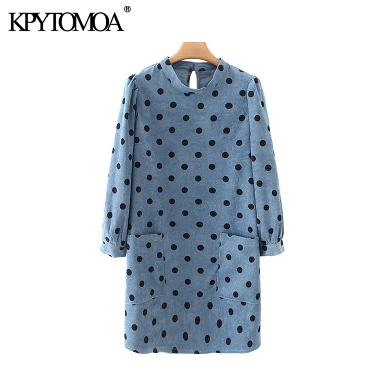 Elegant Polka Dot Pockets Corduroy Mini Dress Women Fashion O Neck Long Sleeve Female Dresses Casual Vestidos Mujer 210420