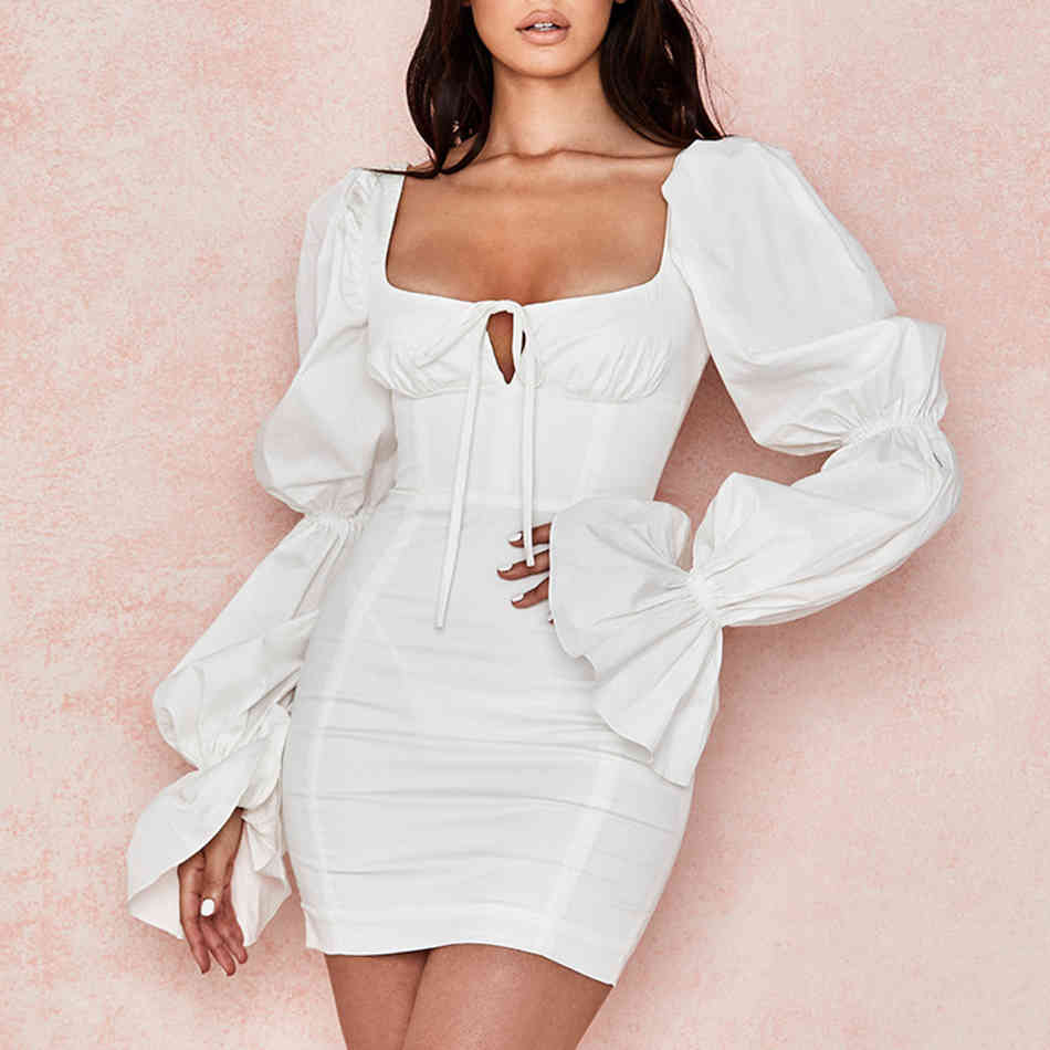 Summer Women Fashion White Mini Dress Sexy Long Sleeve Slash Neck Club Celebrity Runway Party Dresses Vestidos 210423