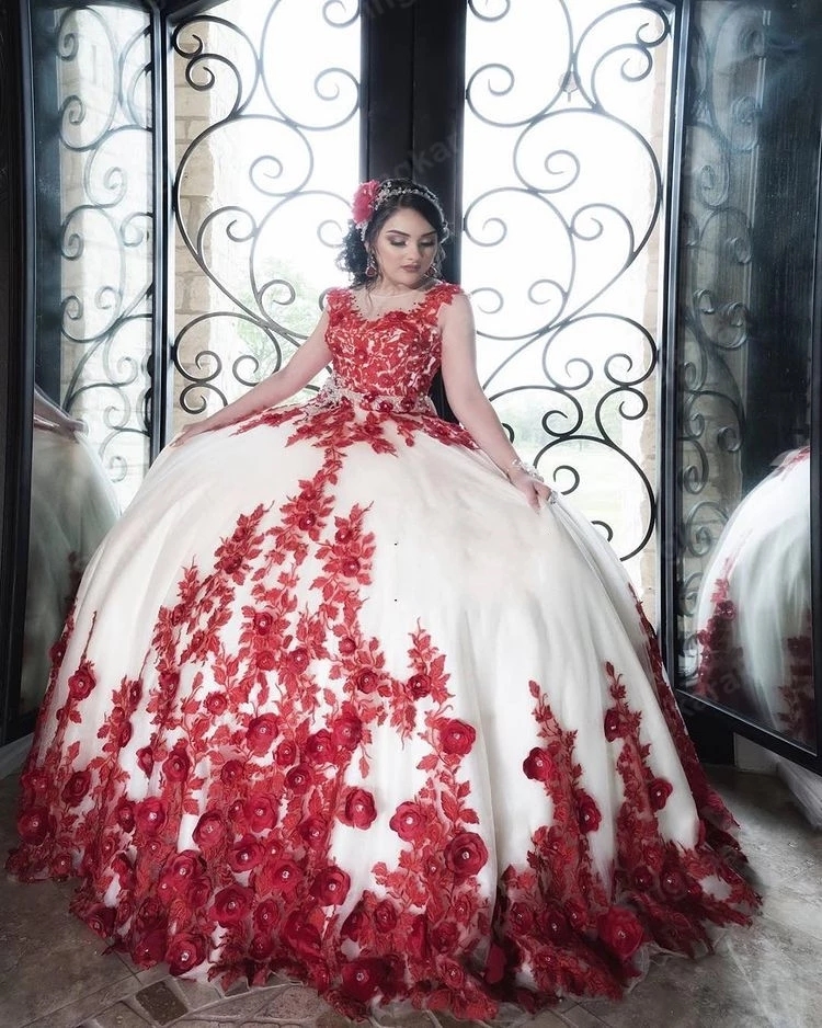 Ivory Quinceanera Dresses With 3D Red Flowers Sweetheart Tulle Ball Gown Sweet 16 Dress Vestidos De 15 Aos