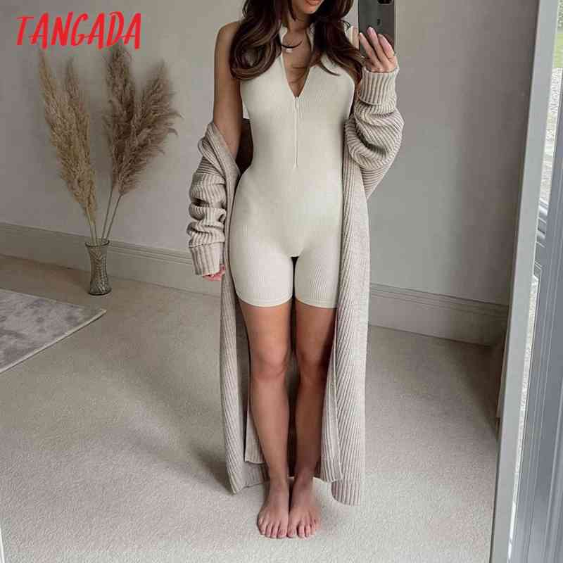 Women Vintage Solid Playsuits Zipper Sleeveless Rompers Ladies Casual Chic Jumpsuits QJ129 210416
