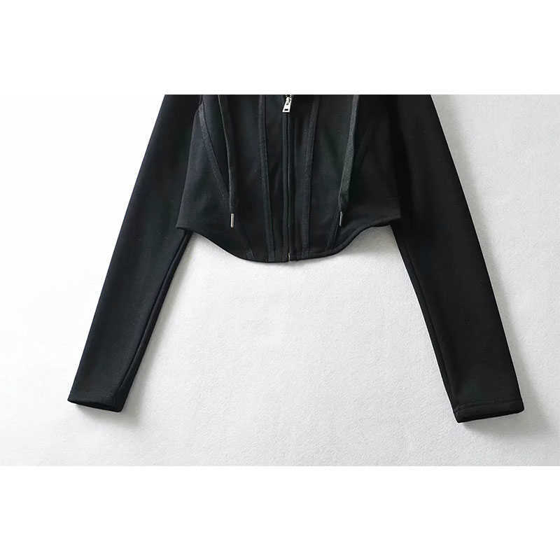 Sweatshirt Women Black Tunic Crop Hoodie Sweatshirts Zipper Spring Ladies Pullovers Pocket Hooded Tops 210628