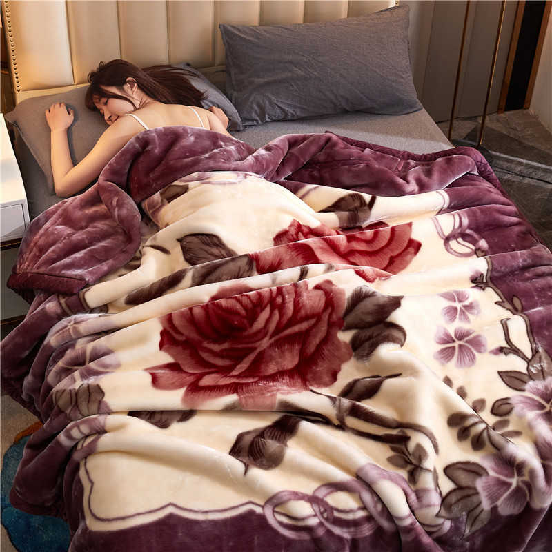 Double Layer Winter Thicken Raschel Plush Weighted Blanket For Double Bed Warm Heavy Fluffy Soft Flowers Printed Throw Blankets 211019