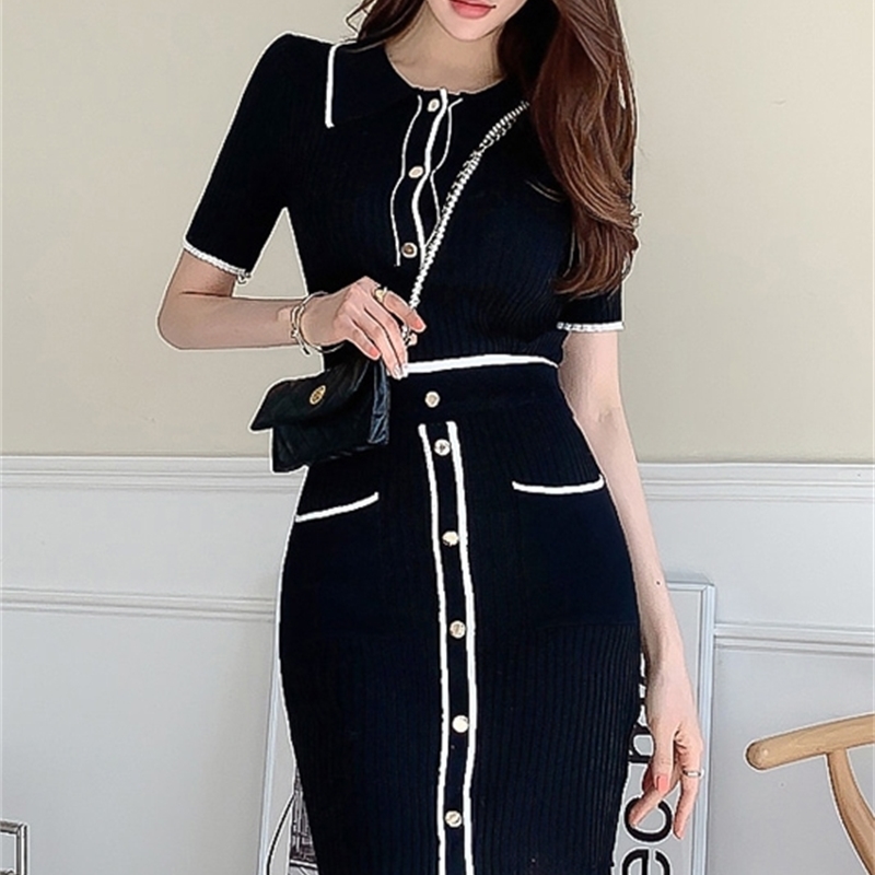 Summer women's Koreanedition Temperament Slim knit Round Neck Top Solid Purecolour Short Sleeve Fashion Skirt Suit 210506