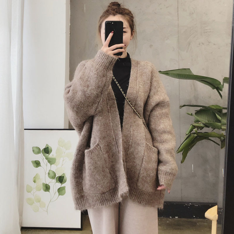 Korean Women Loose Cardigan Female chic thick Sweater Jacket Autumn Winter V-neck oversized knitted sweaters Coat 210422