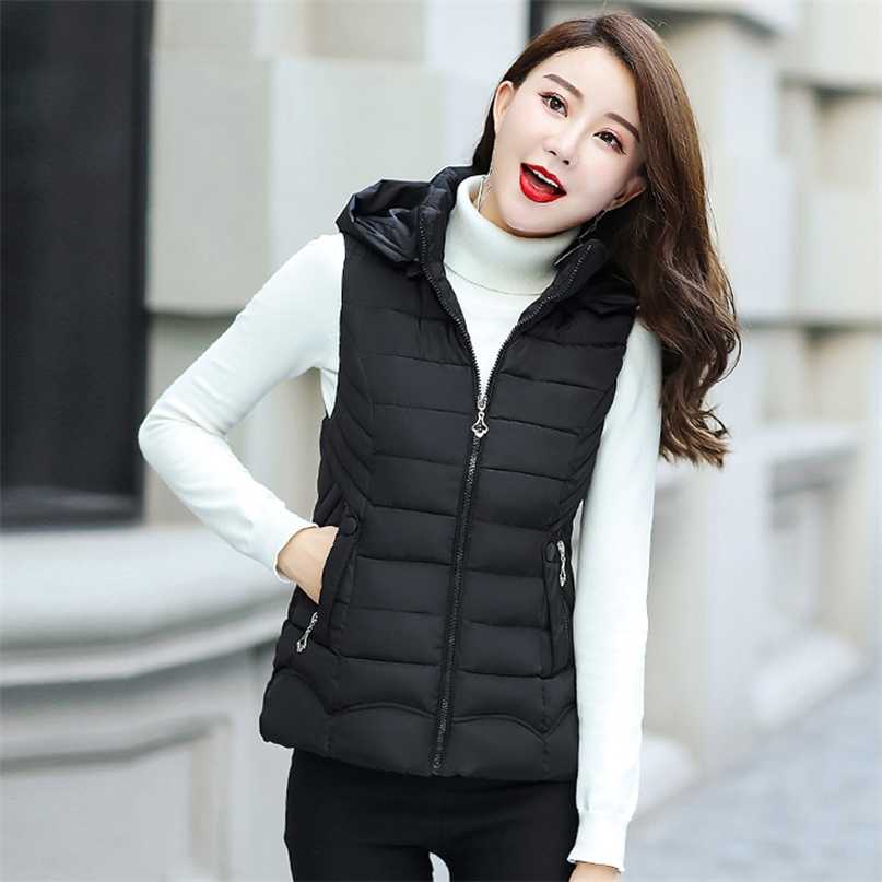 Slim Autumn Winter Vests Women Hooded Waistcoat Short Casual Cotton Padded Sleeveless Vest Jacket Solid Female Zipper 211120