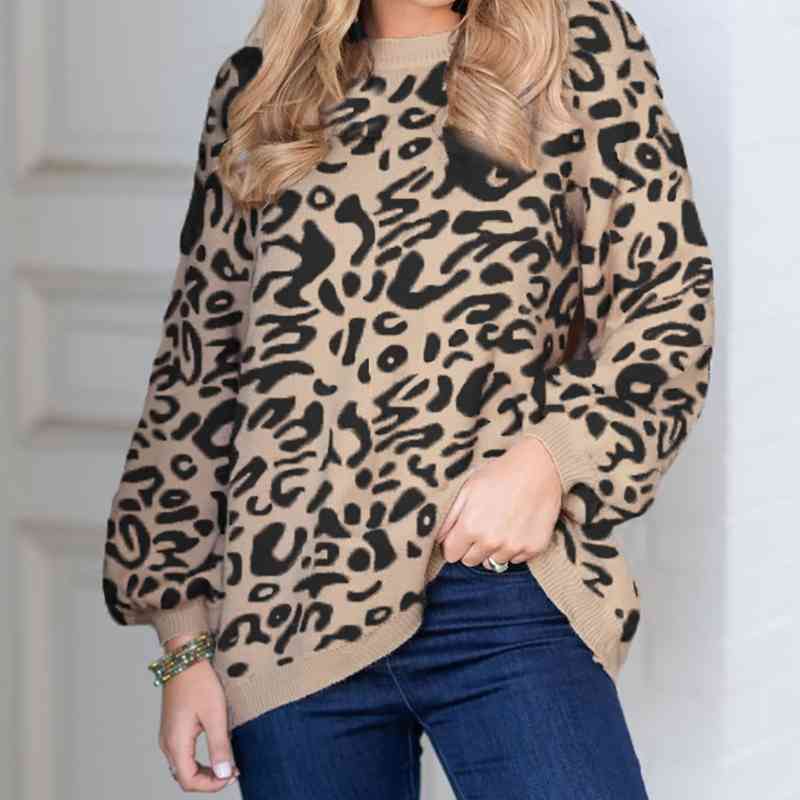 Qooth Leopard Sweater Women Pullover Knitted Sweaters Winter Fashion Long Sleeve Casual Loose Jumpers QH1941 210609
