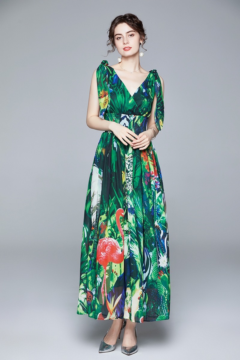 vintage tropical rainforest printed v-neck lace up high waist chiffon maxi dresses slim sleeveless bow party boho dress 210421