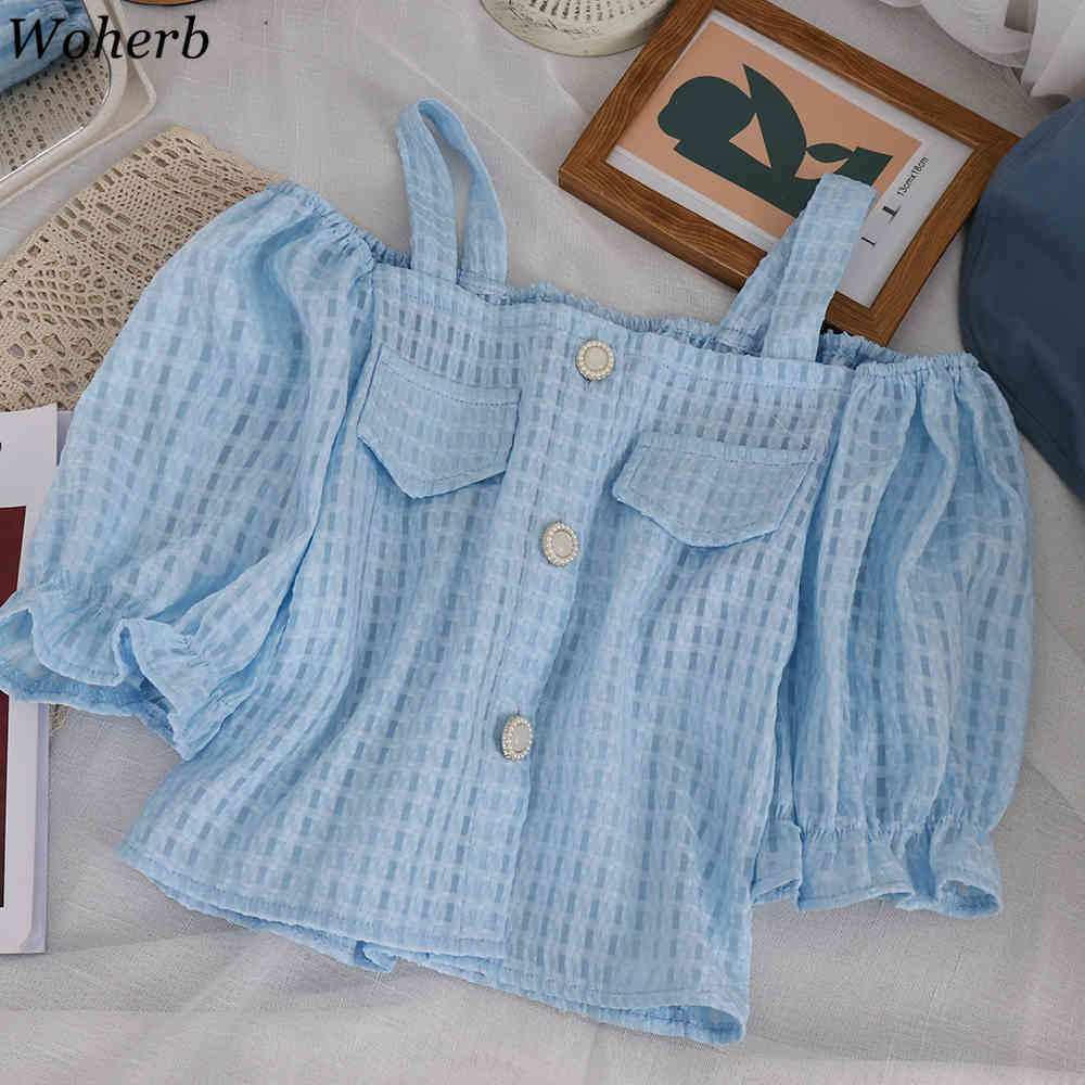 Off Shoulder Shirt Women Summer Blouses Slash Neck Spaghetti Strap Crop Tops Korean Sweet Short Sleeve Blusas Mujer 210519