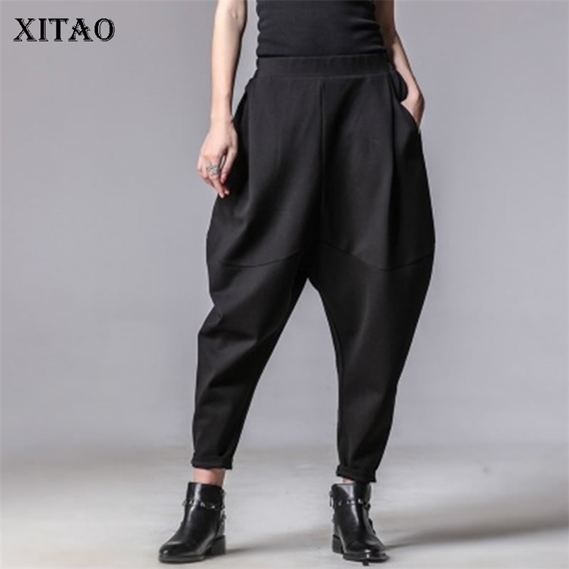 XITAO Plus Size Women Autumn Winter Pants Personality Elastic Waist Black Harem Casual Spliced Trousers XWW3091 211115