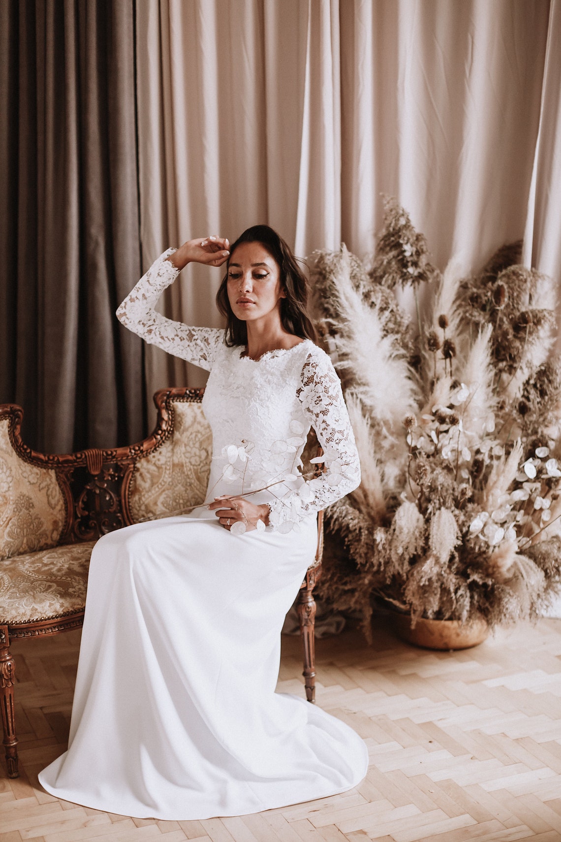 Rustic Lace Long Sleeve Wedding Dress A Line Jewel Neck Romantic White Country Bridal Gowns Floor Length Vestidos De Novia Custom Made Bride Dresses 2