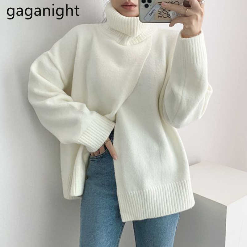 Fashion Solid Women Turtleneck Sweater Autumn Winter Warm Loose Pullovers Elegant Reversible Sweaters Split Female 210601