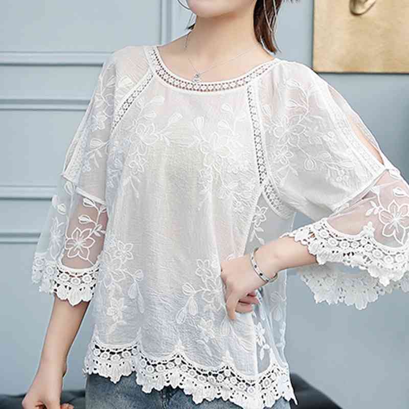 Blusas Mujer De Moda Flare Sleeve Summer Blouse Women Hollow Lace Floral Embroidery Chiffon Blouse Shirt Women Clothes C925 210602