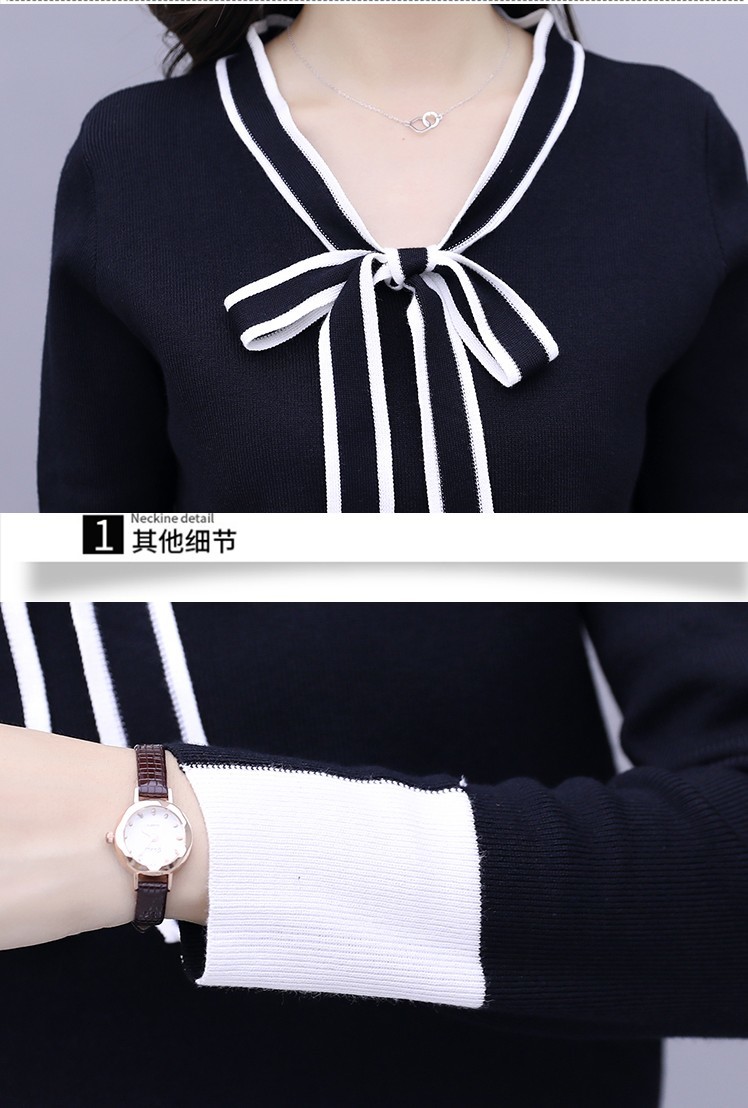 Autumn Two Piece Set Women Elegant Bow tie Knit Pullover Sweater Top + Stripe pleated Midi Skirt Suit 210519