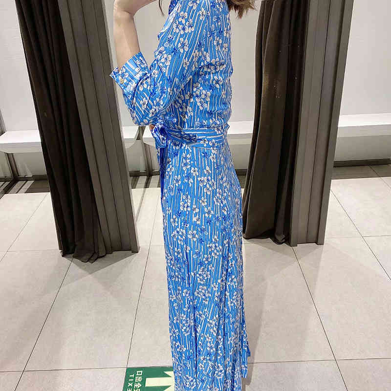 Lady Fashion Floral Print Long Dress Spring Sleeve Sashes Shirt Women Turn Down Collar Female Loose Casual 210515