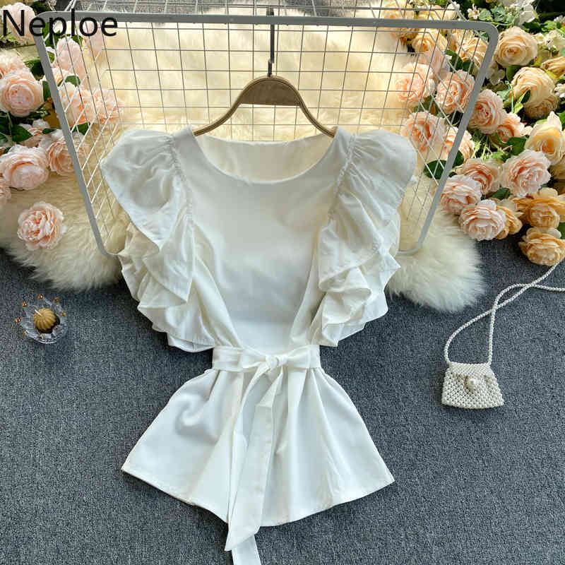 Neploe Women's Blouse Korean Summer Fashion O Neck White blouses High Street Ruffles Sleeveless Lace-up Slim Waist Chiffon tops 210422