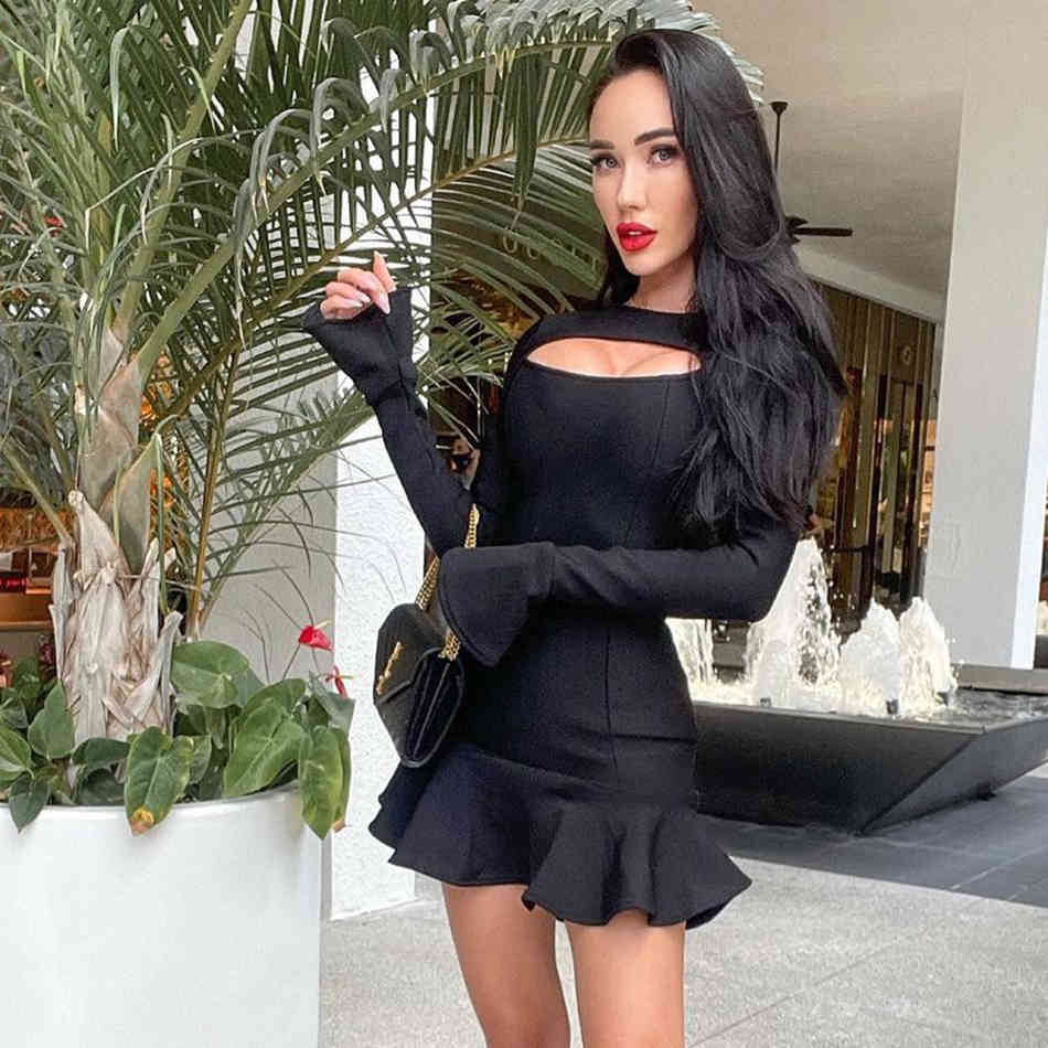 Free Women Hollow Bandage Dress Elegant O-Neck Long Sleeve Bodycon Ruffled Mini Club Night Party Vestido 210524