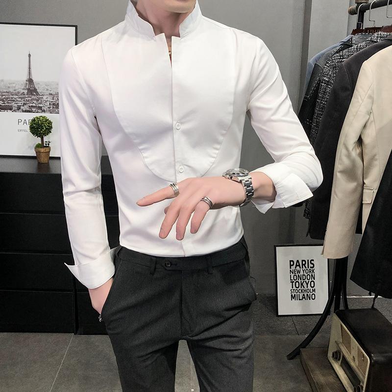 Vintage Stand Collar White Classic Shirts Mens Wedding Dress Retro British Style Fitted Party Mandarin Men's Casual
