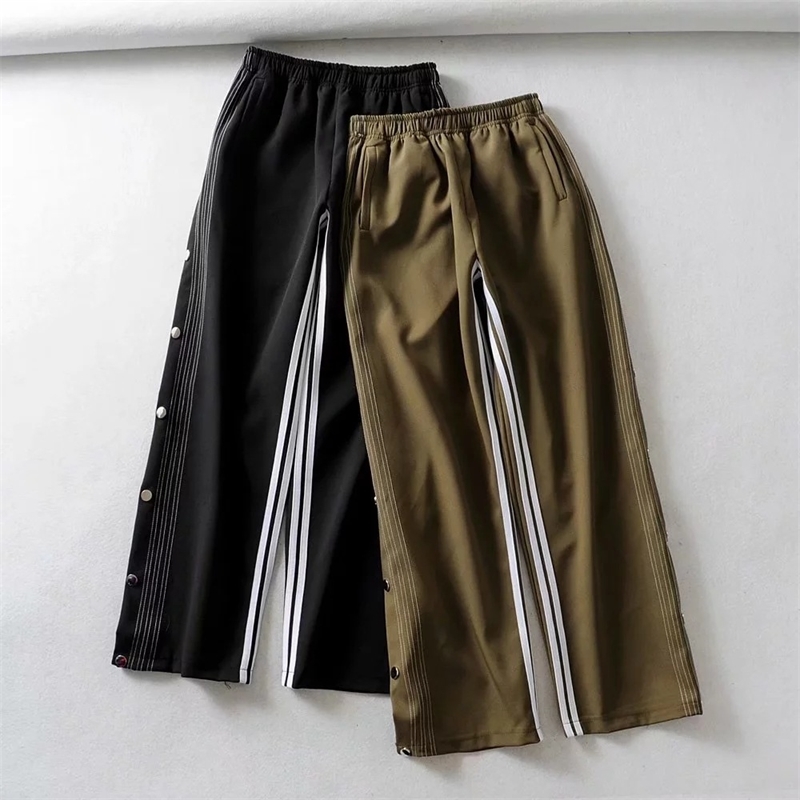 Nomikuma Side Buttons Split Wide Leg Pants Women Causal Sweatpants Autumn Stretch High Waist Striped Long Trousers 6B992 210427