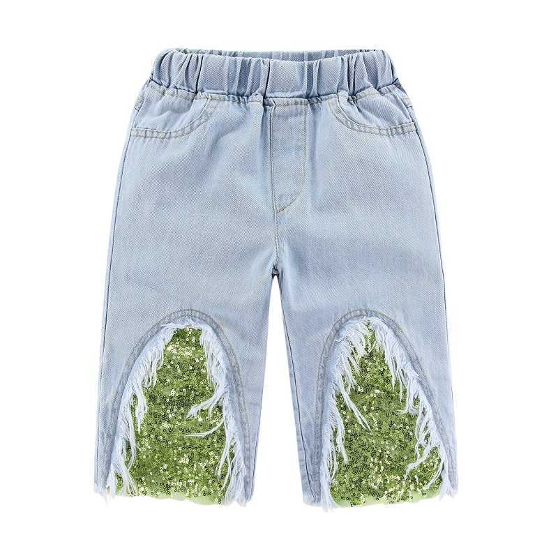 Mudkingdom Sparkly Sequin Girls Crop Jeans Fashion Wide Leg for Girl Summer Clothes Elastic Waist Toddler Cropped Denim Pants 210615