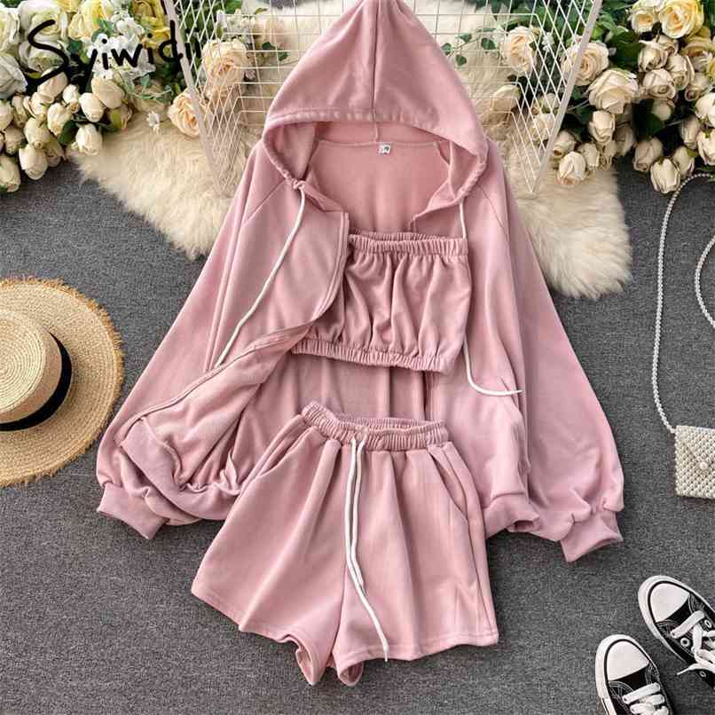 2 Pieces Set Women Fall Clothes Tracksuit Outfits Hooded Tops with Bandeau Summer Elastic Waist Lace Up Shorts 210607, Pink
2 Pieces Set Women Fall Clothes Tracksuit Outfits Hooded Tops with Bandeau Summer Elastic Waist Lace Up Shorts 210607, Pink