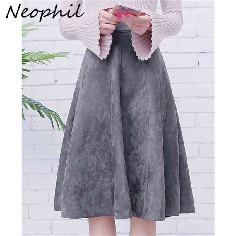 Neophil Women Suede High Waist Midi Skirt Summer Vintage Style Elastic Ladies A Line Black Green Flare Fashion S29A4 210619
