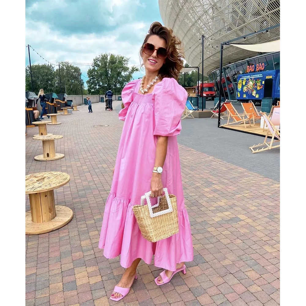 Women Dress 100% Cotton Ballon Sleeves Elastic Maxi Long Puff Dress Ruffled Hem Fashion vestidos femme robe 210709