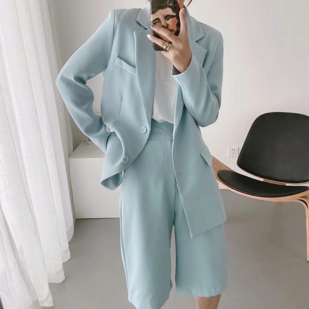 Autumn 70s Boyfriend Women Long Blazer Lavender Loose High Waist Knee Length Wide Leg Pants Sleeve Suits 2 Pieces Set 210429