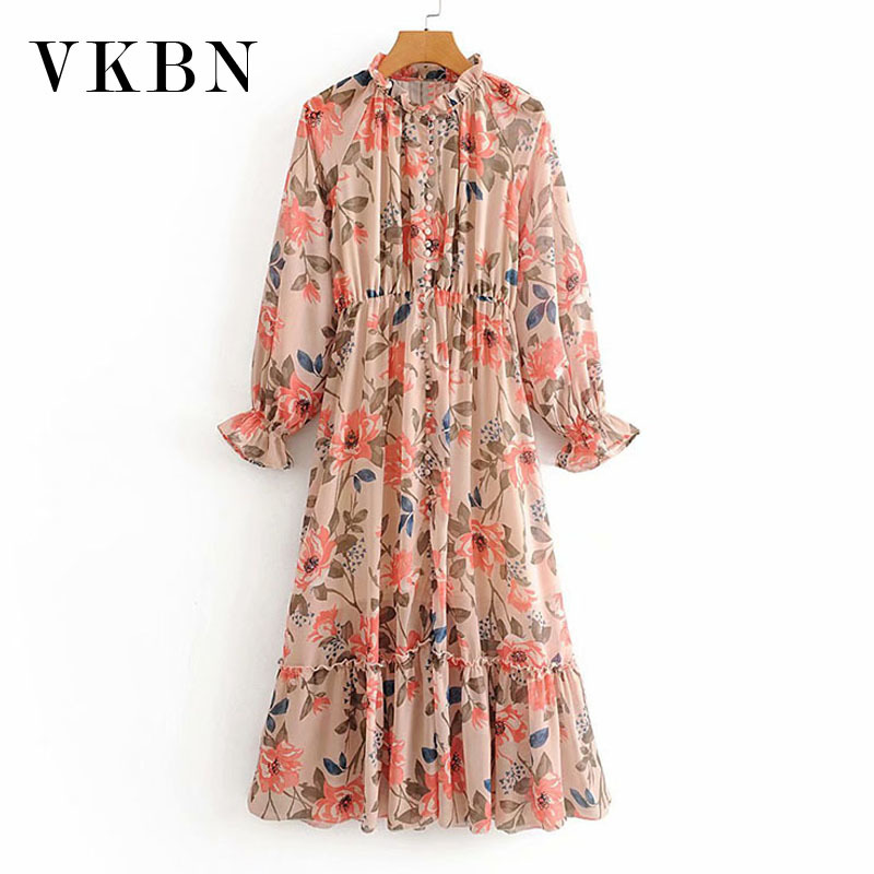VKBN Summer Women Dress Up Flare Sleeve Floral Print Empire Stand Long Sleeve Dresses Women Long Fashion s 210507