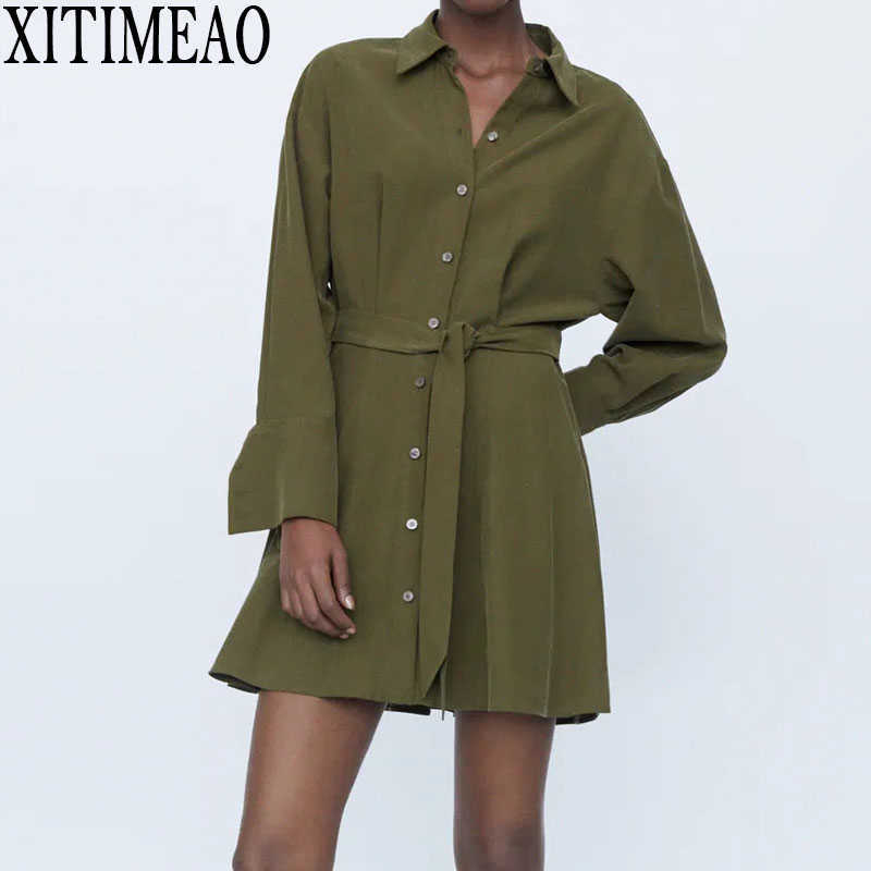 ZA Tie Waist Shirt Dress Women Long Sleeve Turn Down Collar Army Green Bandage Short Mini Dresses 210602, As picture
ZA Tie Waist Shirt Dress Women Long Sleeve Turn Down Collar Army Green Bandage Short Mini Dresses 210602, As picture