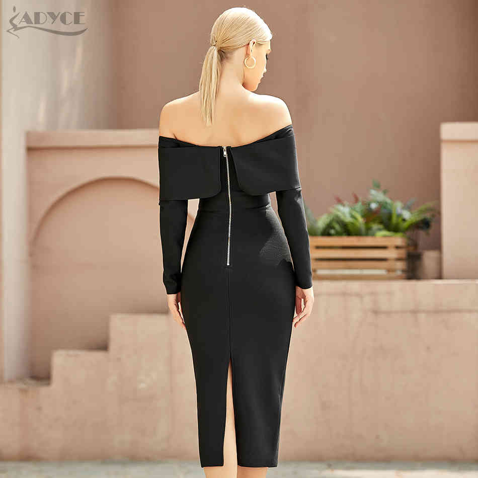 Summer Women Off Shoudler Black Bow Bandage Dress Sexy Hollow Out Long Sleeve Midi Evening Club Party Lady 210423