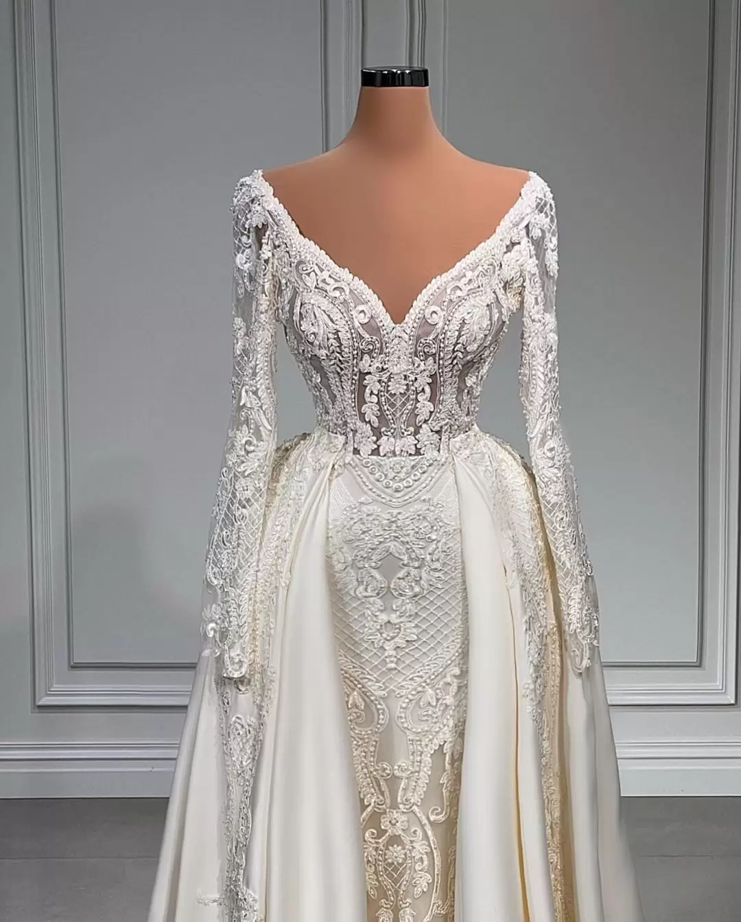 Overskirt 2022 Mermaid Wedding Dresses Bridal Gown Sweep Train Satin Beaded Lace Applique Tulle Long Sleeves Custom Made Plus Size Beach Vestido De No