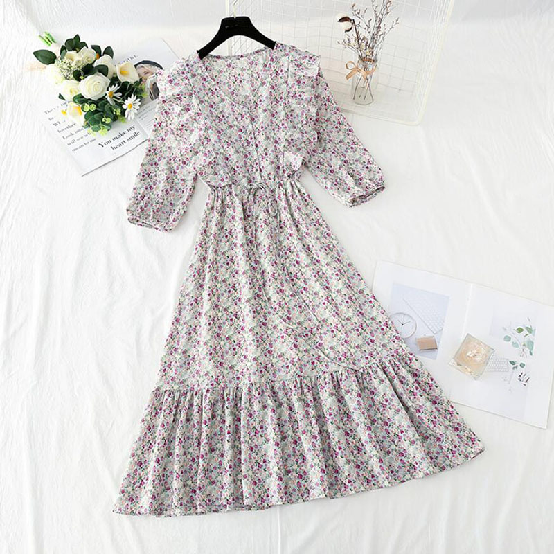 Small Fresh Floral Dress Summer Short Sleeve Elegant Ladies V-neck Chiffon Long Dress Party Vestidos Sweet Woman Clothes 210521